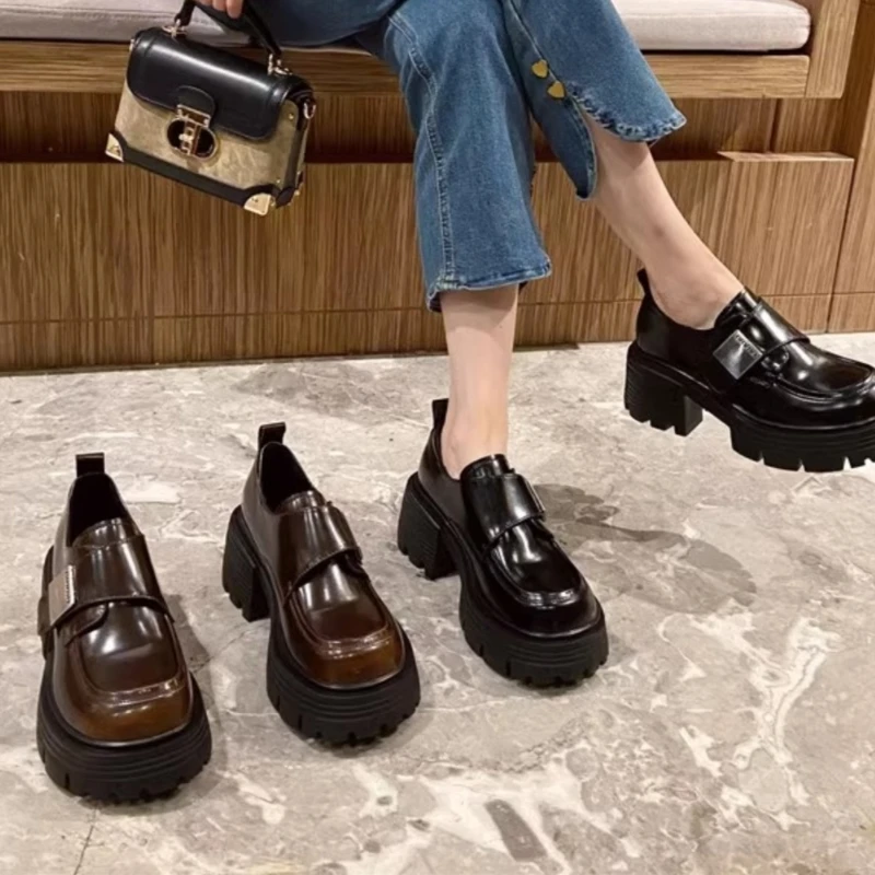 【粉丝专属】厚底乐福鞋女2024新款魔术贴粗跟圆头时尚英伦风小皮鞋