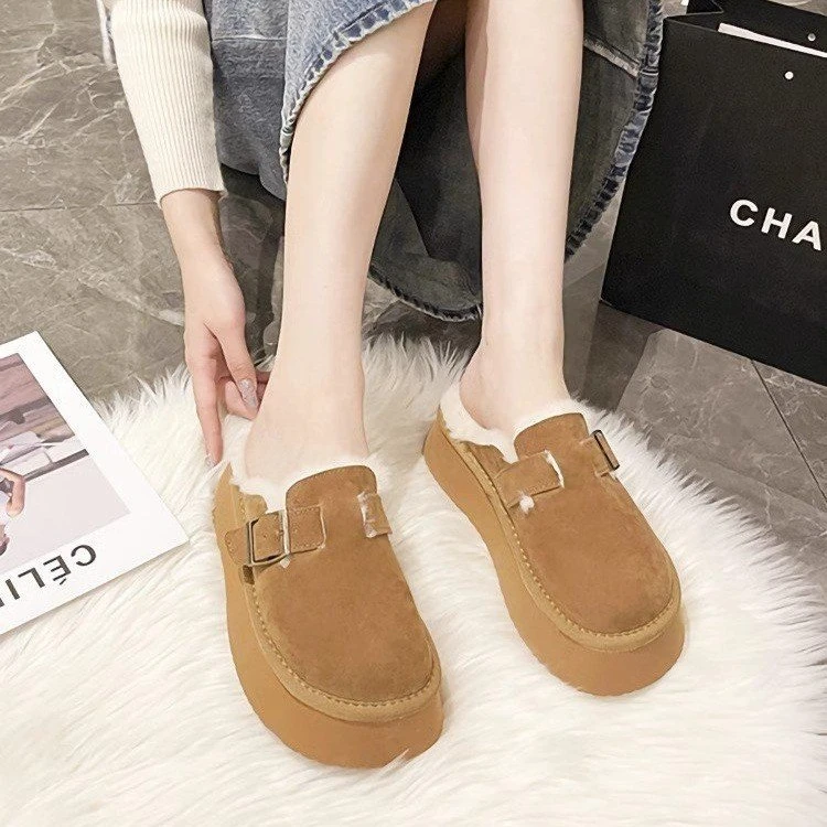 清仓品牌冬季牛反绒磨砂外穿包头增高防滑拖鞋厚底保暖毛毛新款女