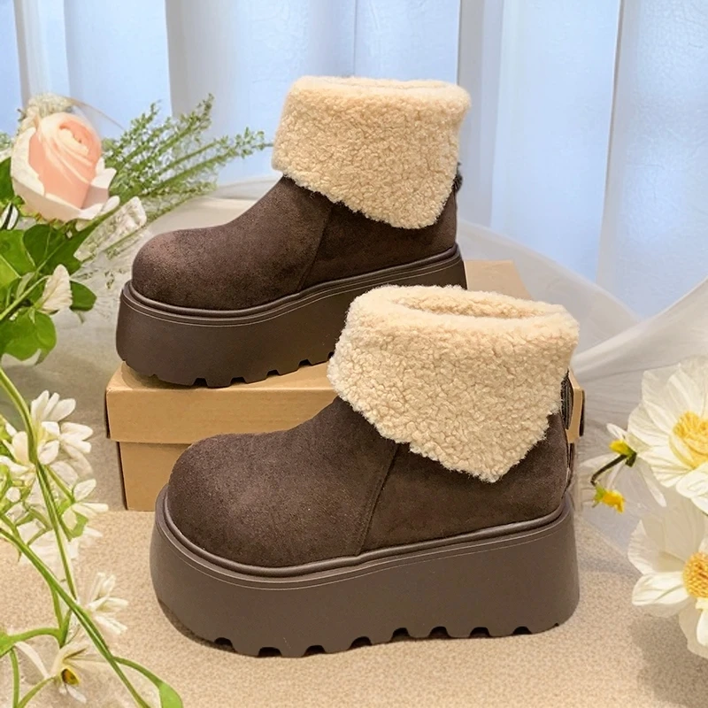 女款芒果加厚公分厚底2024增高气质短筒棉靴新款头口翻毛6雪地靴
