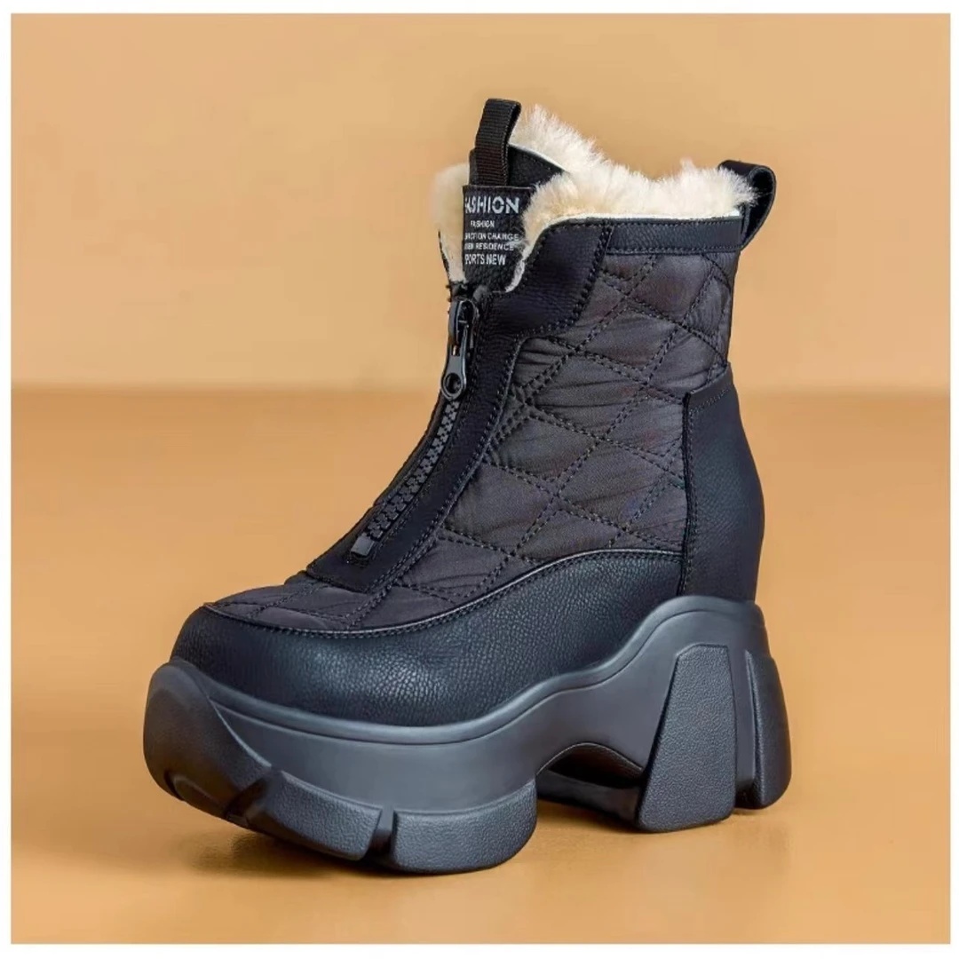 品牌清仓品牌特卖2024秋冬款厚底松糕靴毛毛前拉链内增高圆头休闲