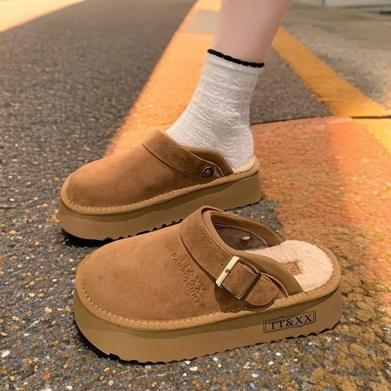 厚底勃肯鞋女加绒乐福棉拖鞋2024新款秋冬包头半拖毛毛拖鞋女外穿