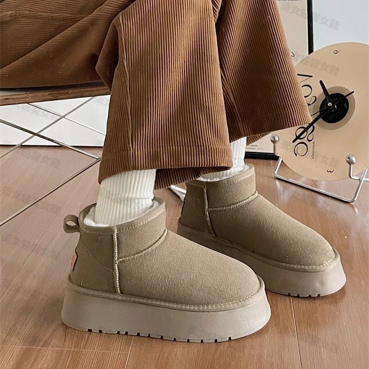 品牌清仓清仓短毛绒高跟雪地靴磨砂皮牛反绒套筒松糕底橡胶圆头靴