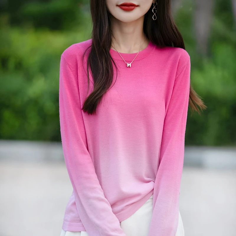 2025春季新款女士针织衫圆领毛衣女打底衫渐变色洋气韩版上衣打底