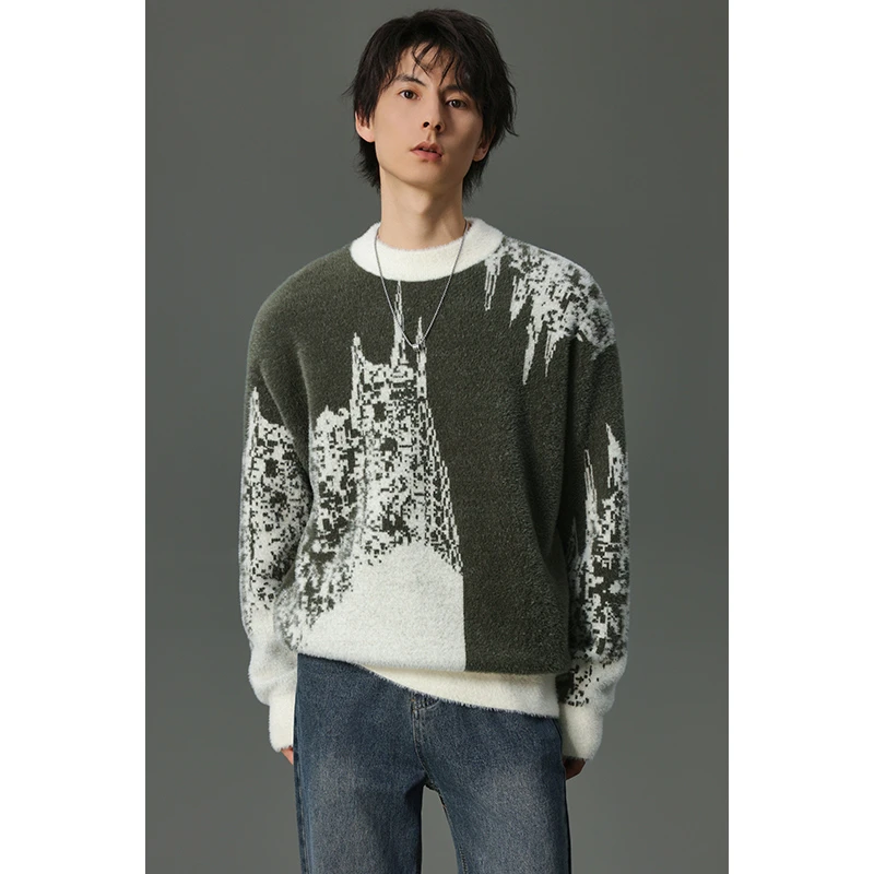 秋冬设计感加厚柔软毛衣男士时尚百搭休闲圆领长袖印花针织衫05