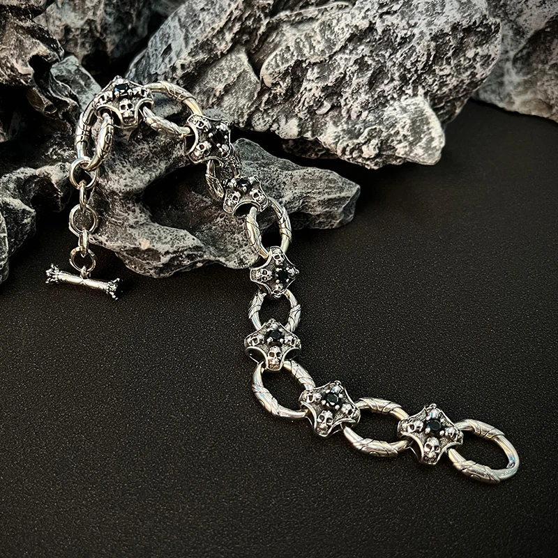 NATIVE STRANGER 925银手链 骷髅手链朋克摇滚重金属手工个性