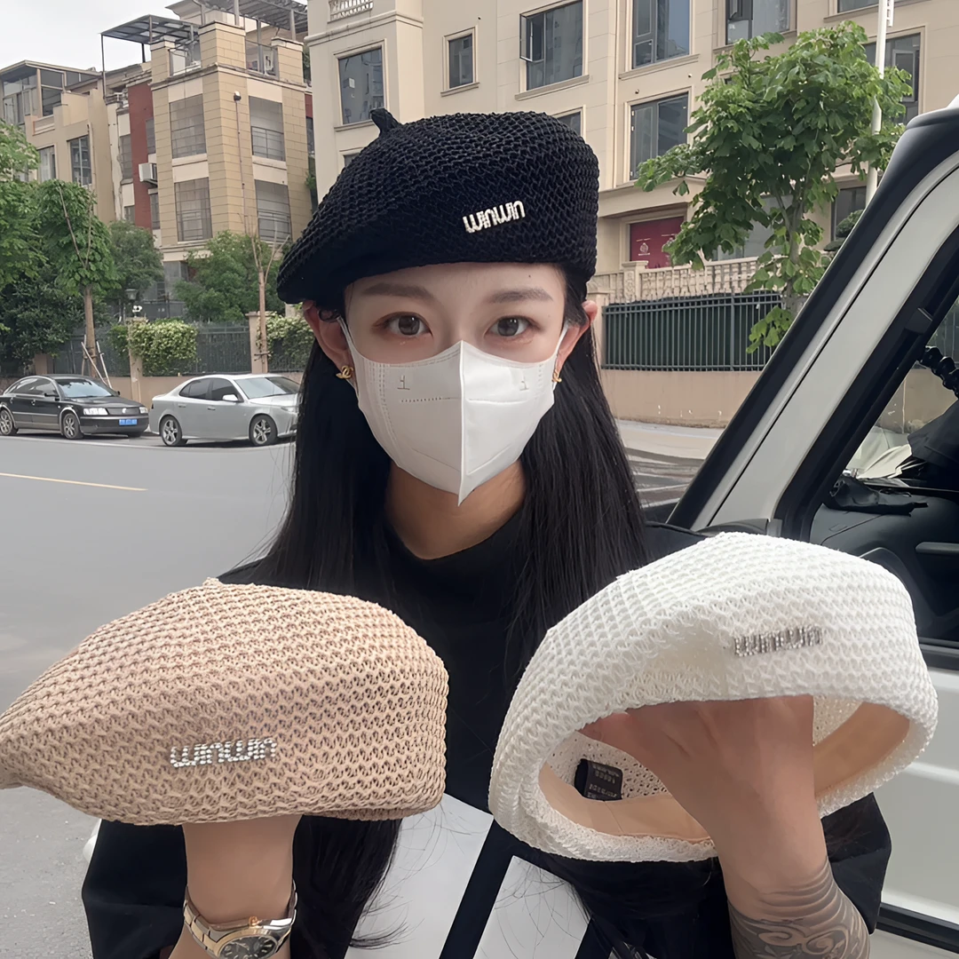 针织透气夏天透气重工名媛风定型贝雷帽显脸小画家帽大头围帽网红