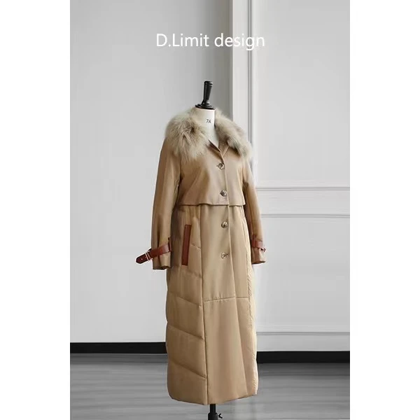 【D.Limit design】时尚拼接羽绒服秋冬款女大毛领连帽长款鹅绒服