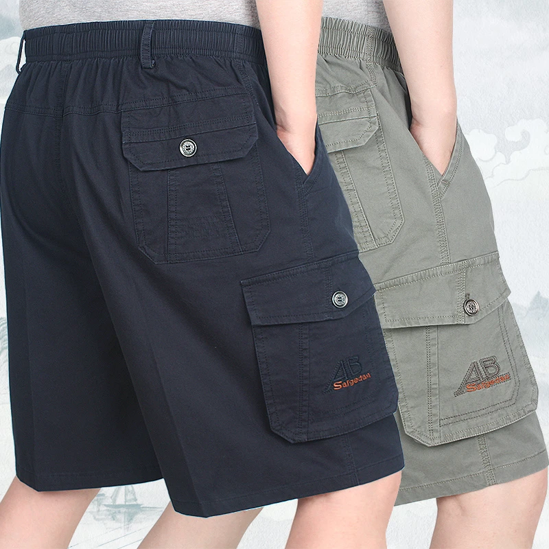 宽松大码纯棉五分裤中老年男士夏季薄款短裤爸爸多口袋松紧腰短裤