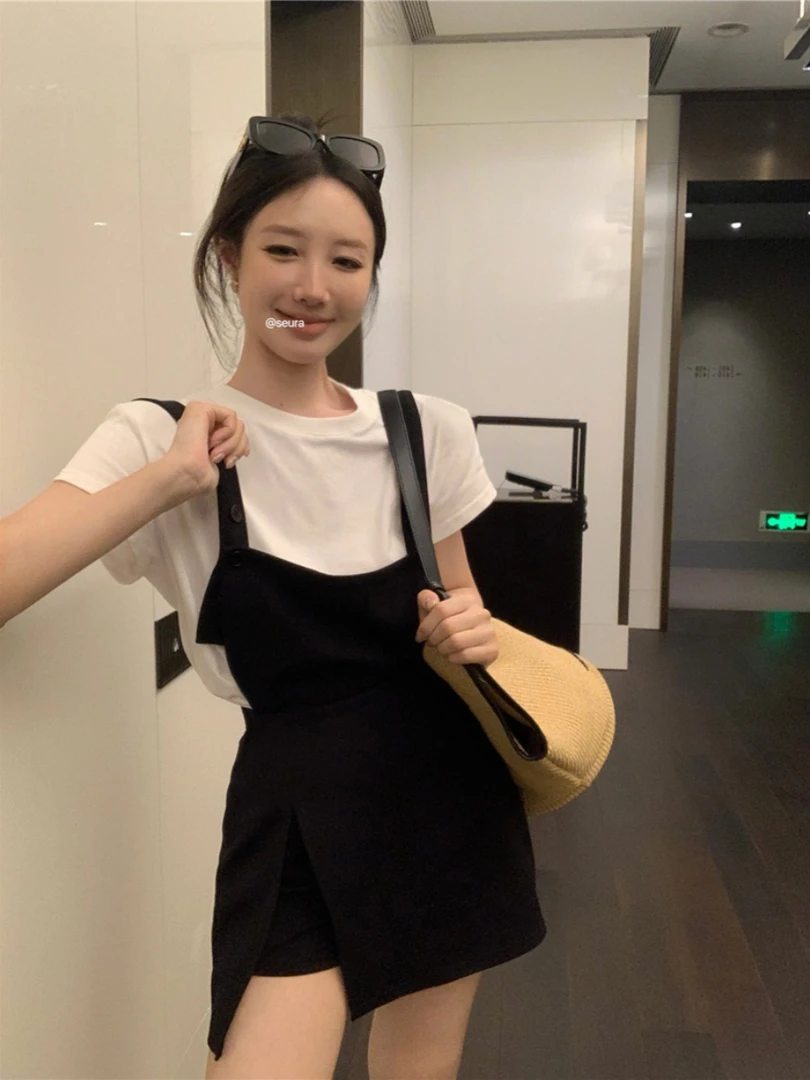 韩系ins风正肩短袖T恤女夏季新款高腰开叉背带连衣裙短裙时尚套装