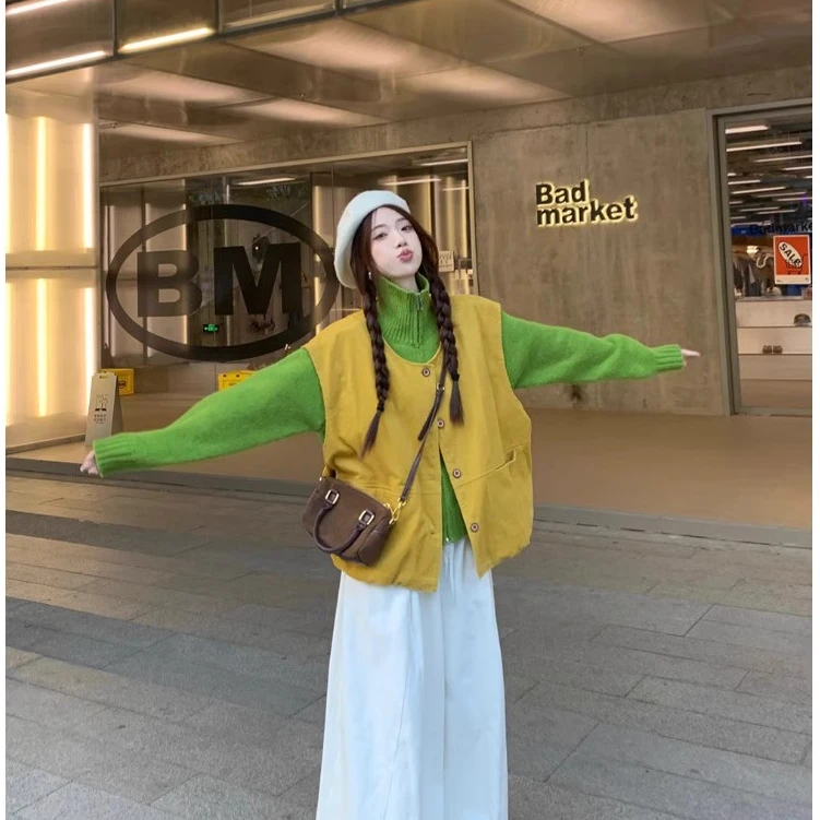 高领长袖针织毛衣叠穿灯芯绒马甲外套抽绳阔腿长裤女2024秋季套装
