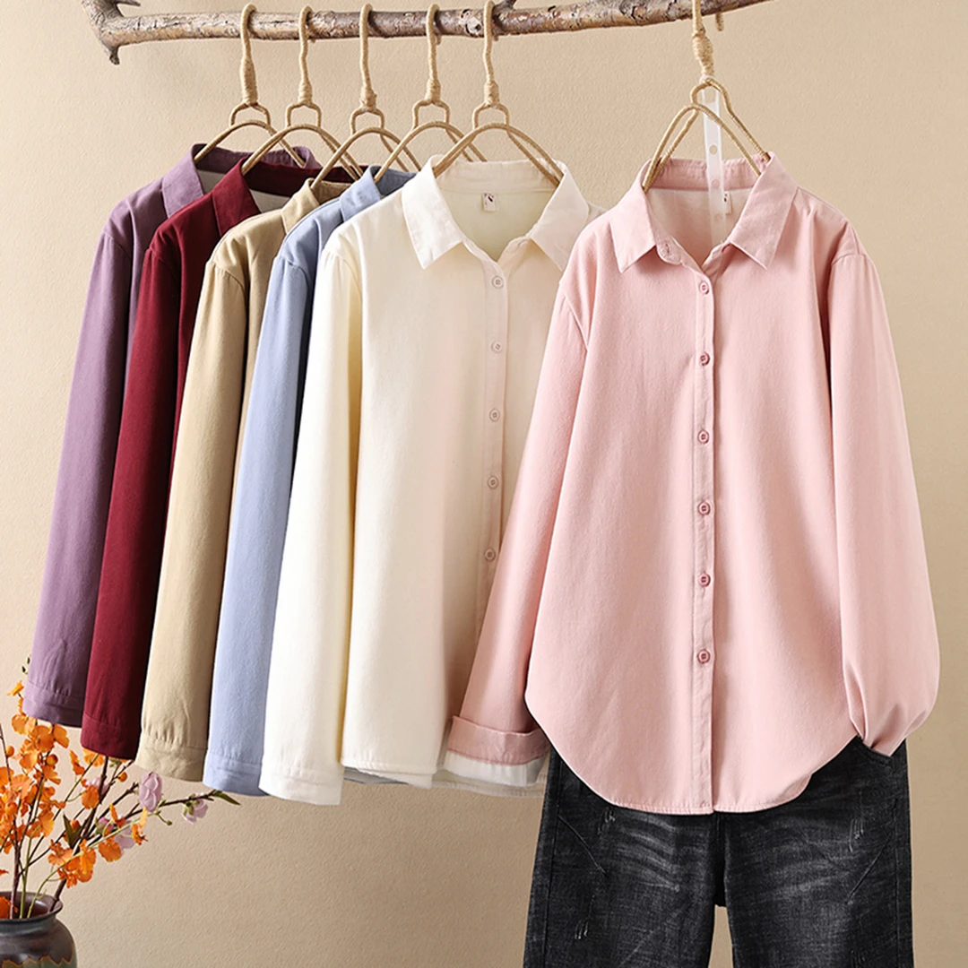 秋冬新款复古文艺加绒加厚长袖衬衫女宽松显瘦方领纯色衬衣外套女
