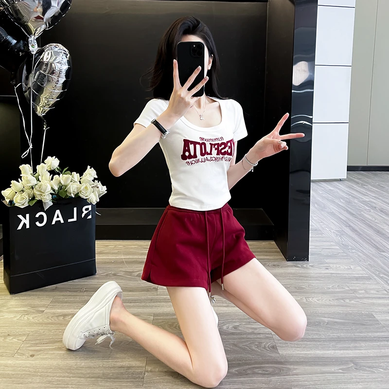 2024夏季新款小个子显瘦减龄时尚套装百搭短款短袖T恤女高腰短裤