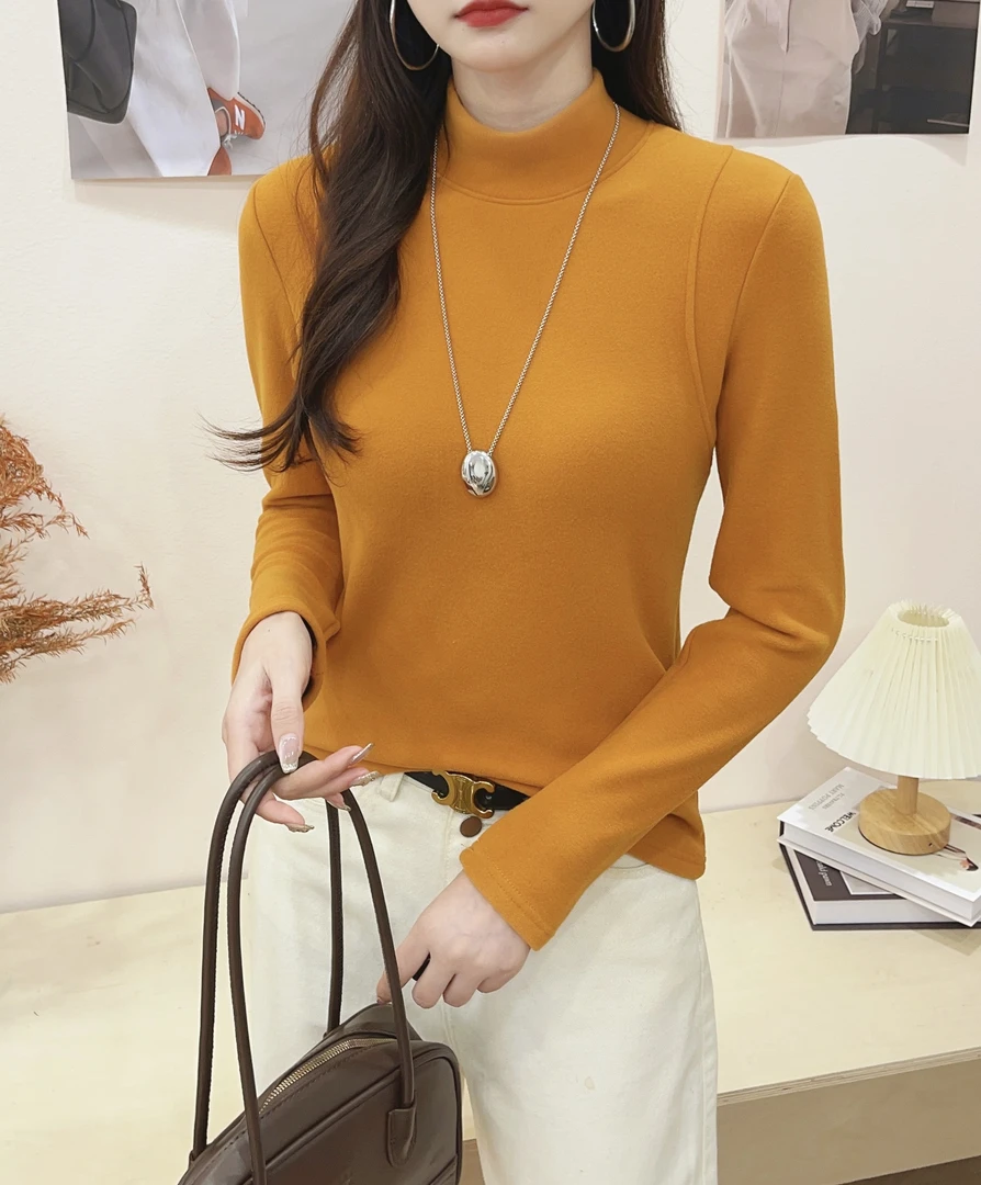 澳绒加厚新款洋气高领长袖打底衫2024冬季保暖修身设计感纯色上衣