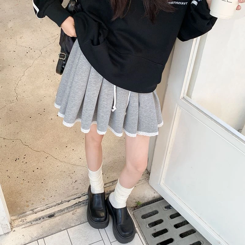 复古蕾丝花边拼接百褶裙女2024秋季新款松紧高腰休闲a字半身裙