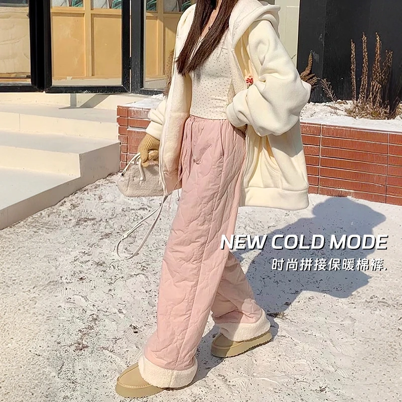 保暖毛绒加绒防风阔腿休闲裤女2024棉裤秋冬拼接摇粒绒加厚长裤子
