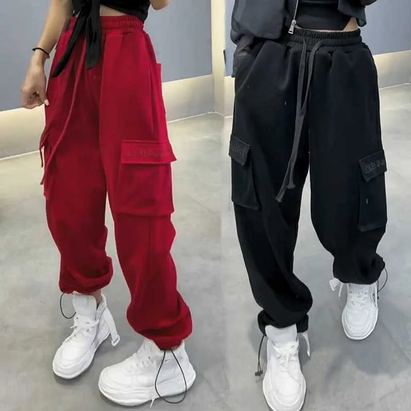 工装刺绣休闲卫裤女2024早春新款高腰显瘦时尚宽松百搭直筒束脚裤