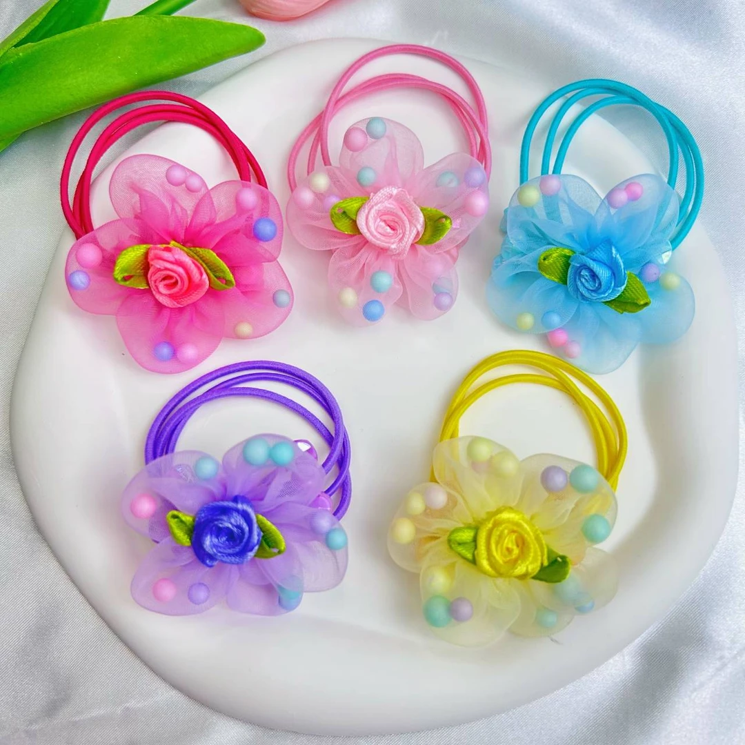 女儿童花朵发绳女孩头饰可爱仙女宝宝头饰粉色儿童弹力扎马尾头绳