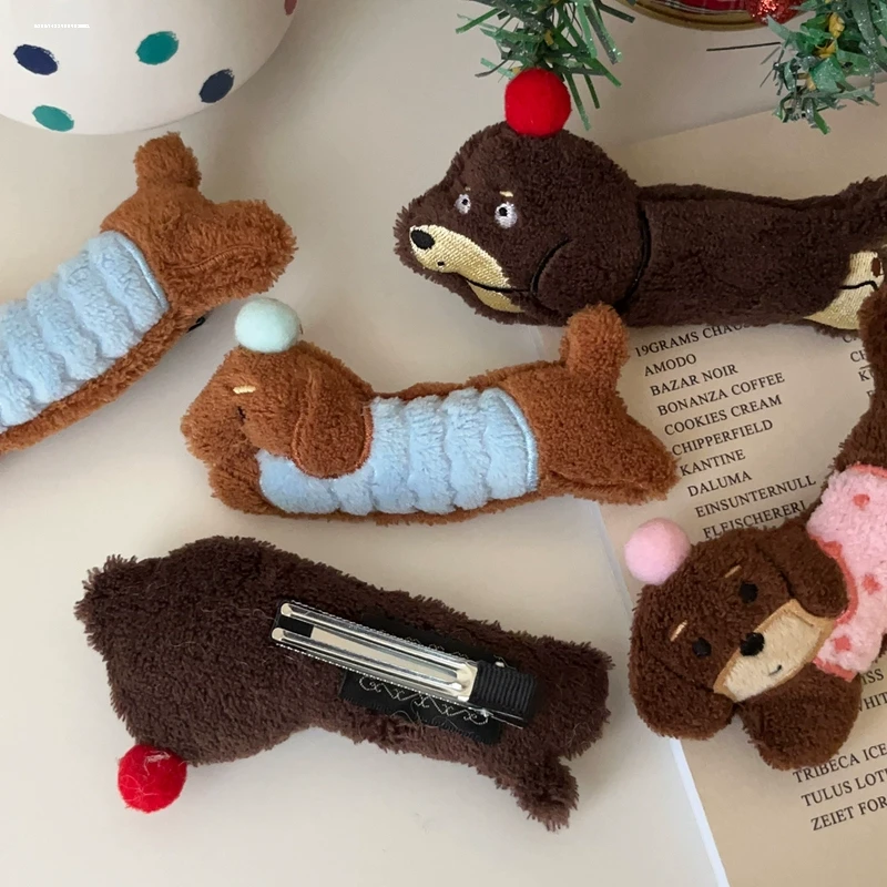 睡衣小狗可爱毛绒腊肠狗发夹女侧边刘海夹大号发卡头饰夹子鸭嘴夹