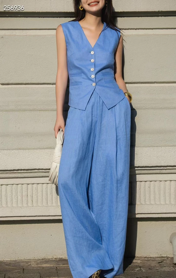 2024新款老钱风亚麻马甲阔腿裤套装