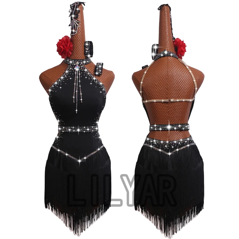 lilyar/黎丽雅拉丁舞演出服动感流苏裙短裙欧美黑色闪钻定制