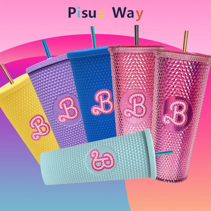 新款粉色水瓶配专属不锈钢吸管710ML户外双层玻璃塑料榴莲水杯