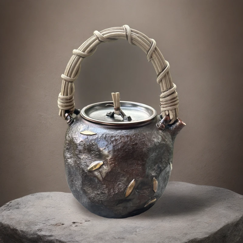 B500ml紫铜煮茶壶 纯手工 姹寂风 锤纹鎏金复古锯钉工艺煮水日式