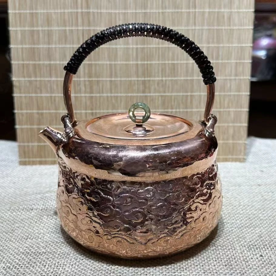 B紫铜北村一张打手工簪刻花纹原铜色玉摘提梁煮茶壶烧水壶泡茶壶