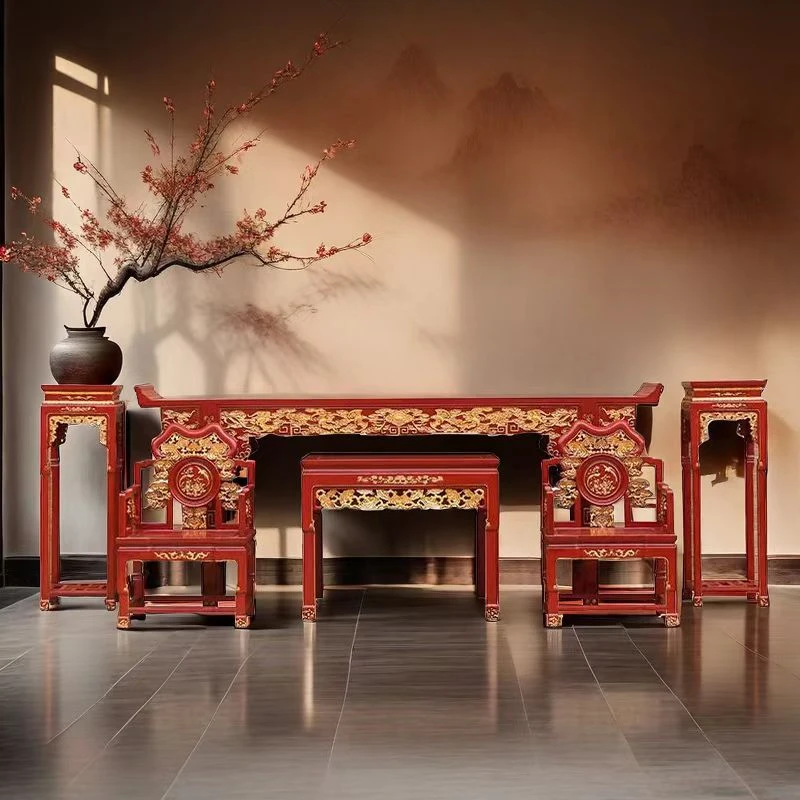中式复古中堂六件套客厅条案供玄关台桌佛台条几中式中堂四件套