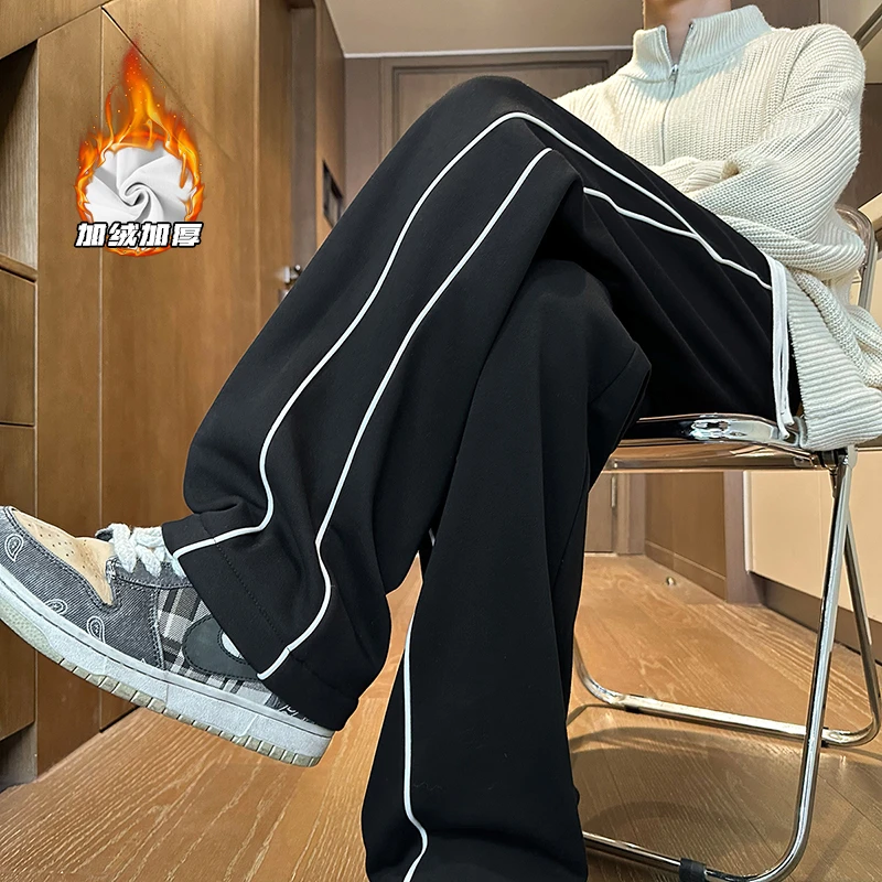 宽松大码加长裤子男冬加绒加厚撞色条纹运动卫裤潮牌直筒休闲长裤