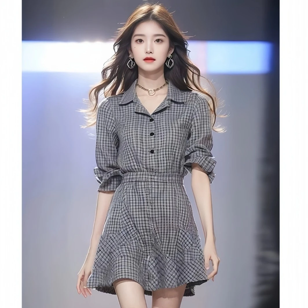 法式复古格纹衬衫连衣裙女夏季小众设计小个子奶fufu收腰a字短裙