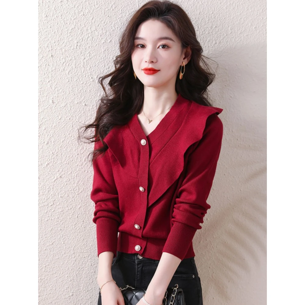 小香风长袖针织衫开衫女秋冬季不规则荷叶边V领上衣洋气毛衣外套