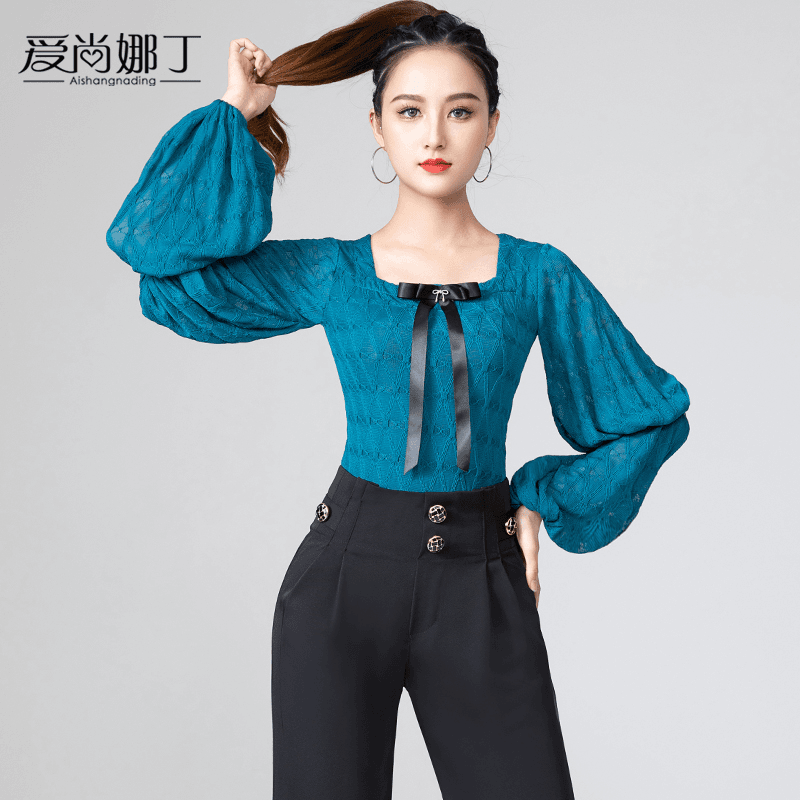 爱尚娜国标摩登舞上衣女新款跳舞服装拉丁舞练功方领连体灯笼长袖