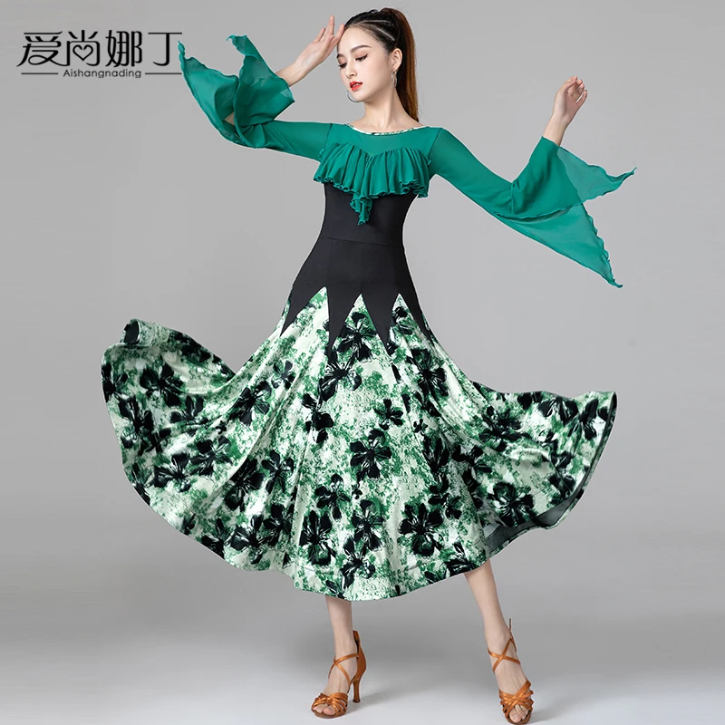 摩登舞裙女2024年新款国标华尔兹交谊跳舞蹈服装表演出大摆连衣裙
