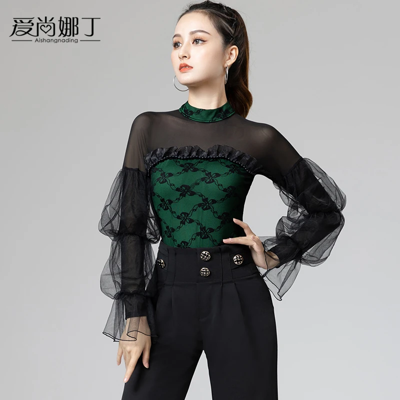 国标摩登舞上衣女新款2025年拉丁跳舞蹈华尔兹练功服连体灯笼长袖