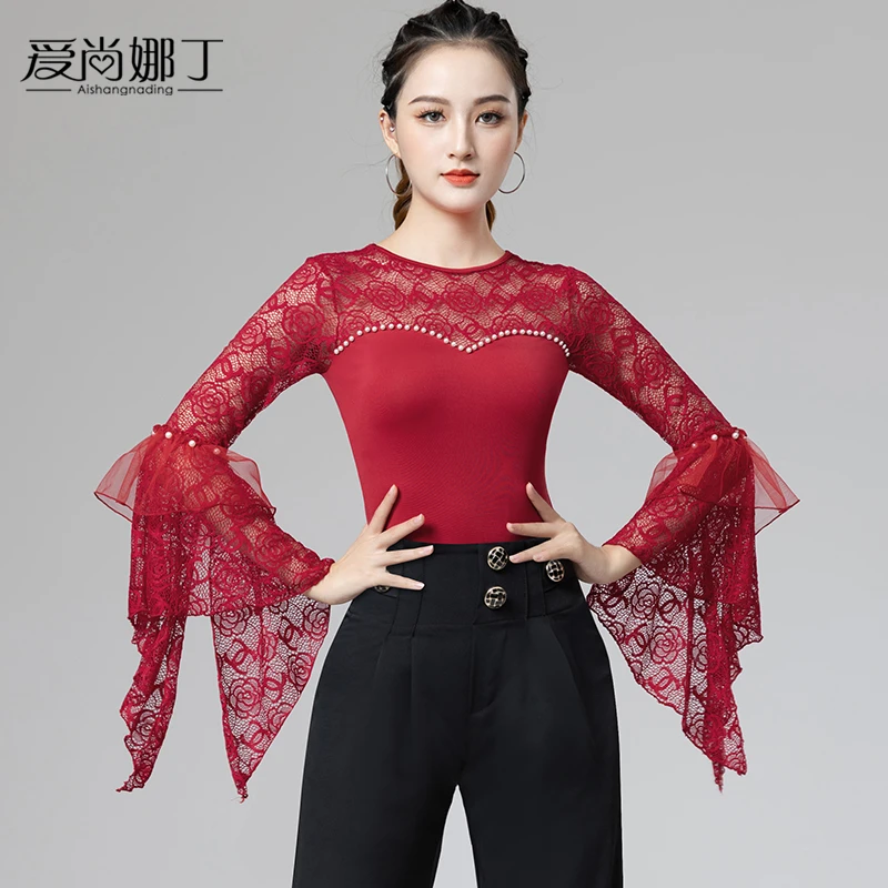 国标摩登舞练功服装上衣女2024年新款拉丁华尔兹跳蹈蕾丝连体长袖