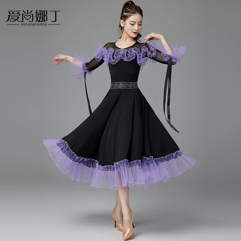 国标舞裙新款2025比赛表演出摩登华尔兹交谊际舞蹈大摆烫钻连衣裙