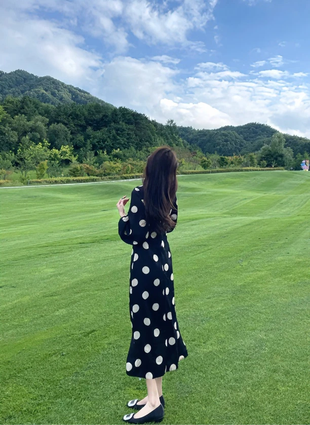 小众波点印花复古长袖修身长款侧开衩连衣裙气质时尚针织法式