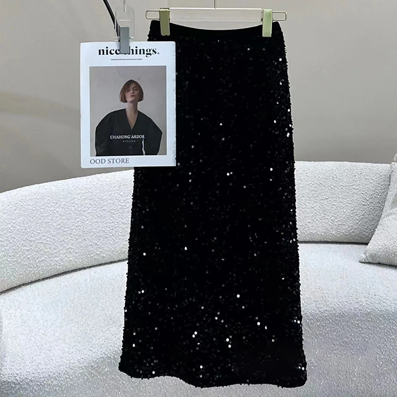【有内衬】亮片半身裙高腰气质包臀裙子轻奢黑色时尚中长款显瘦7702