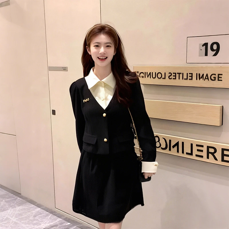 【两件套】韩系高级感穿搭减龄学院风套装气质通勤外套短裙子女2736