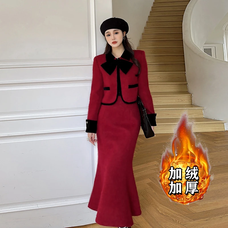 【加绒加厚】【两件套】法式红色小香风套装裙高级小洋装两件套6416