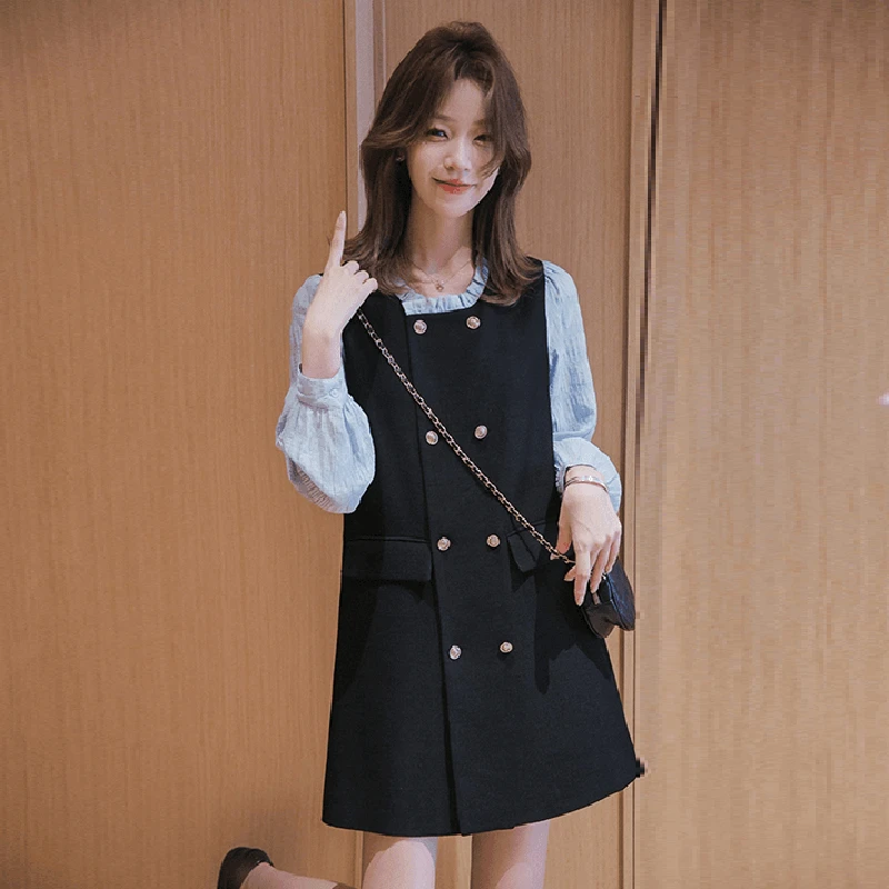 PJ 春季减龄气质小个子洋气收腰显瘦拼接连衣裙女泡泡袖裙子1904