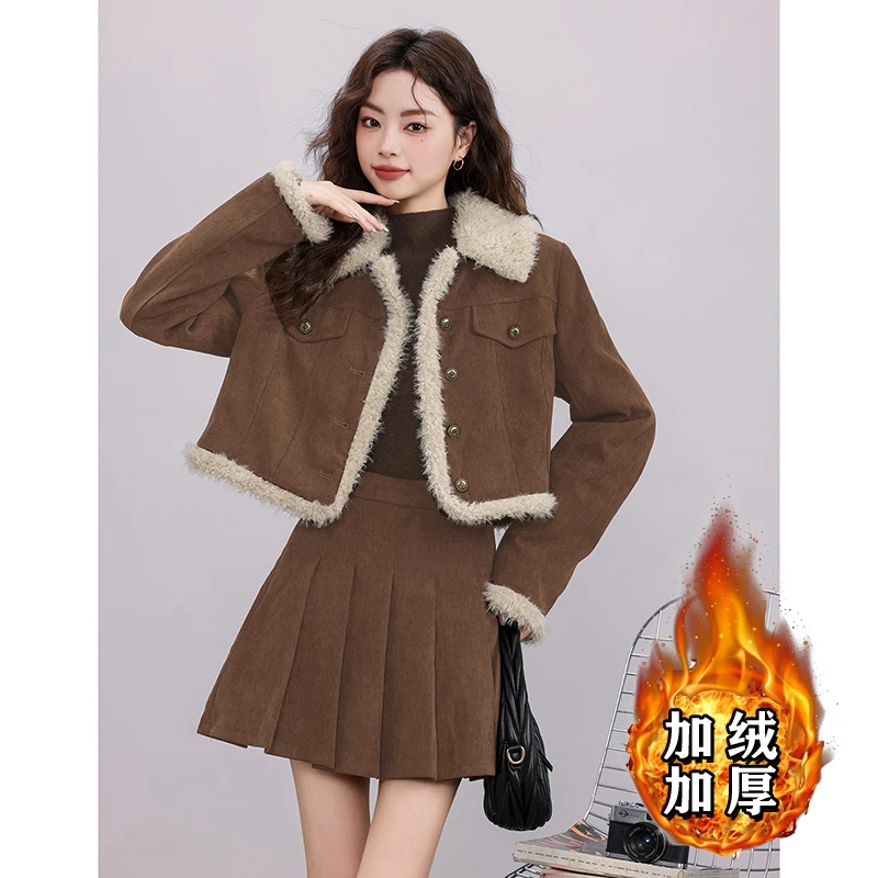 【加绒加厚】【两件套】加厚气质时尚2025新款毛领外套半身裙套装2572