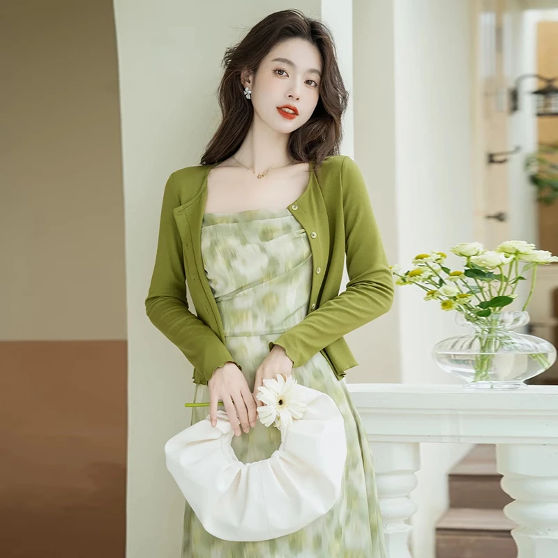 【两件套】法式绿色碎花连衣裙女夏2024新款超仙森系温柔风吊带1138