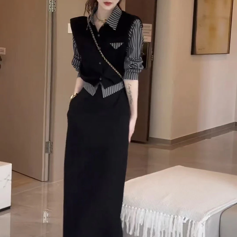 【两件套】秋季新款显瘦高级条纹半身裙女装时尚套装2330