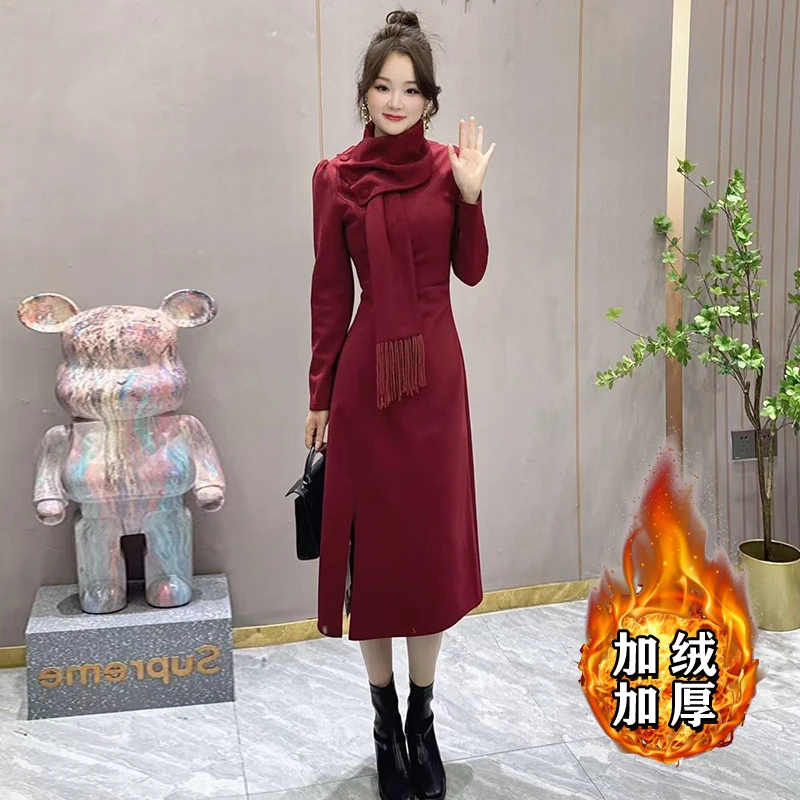 【加绒加厚】气质新款V领连衣裙收腰显瘦过膝长裙子2506