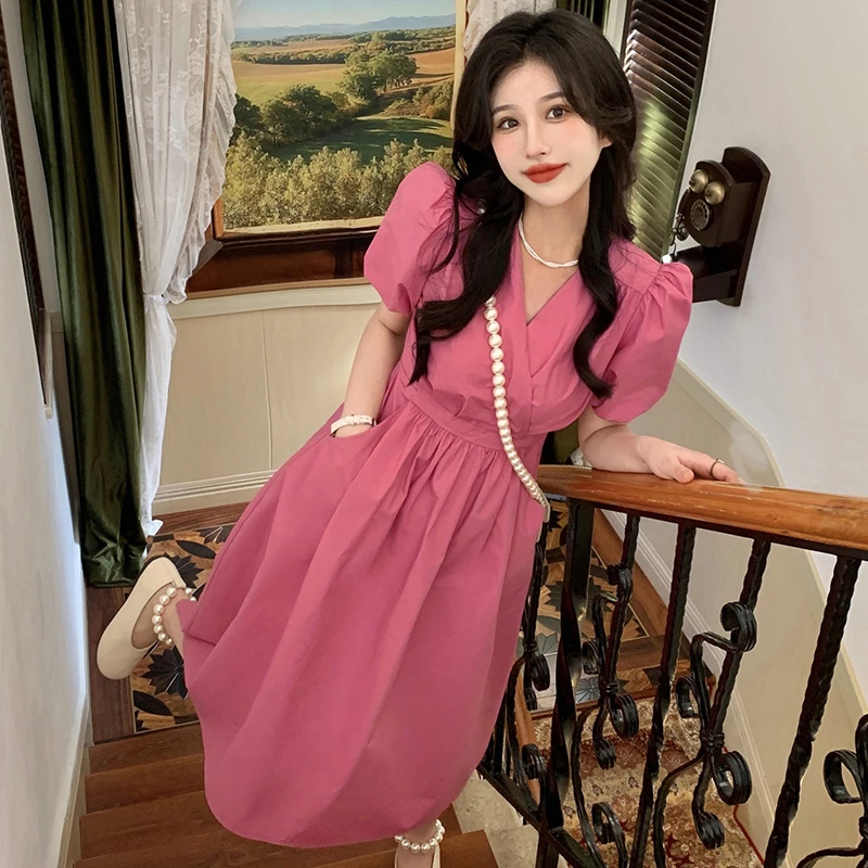 收腰A字树莓色连衣长裙女独特设计感艺术生风格奶乖裙小个子1495