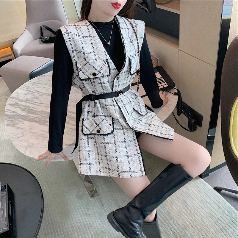 套装女小香风气质显瘦编织千鸟格马甲裙中长款打底衫两件套6999