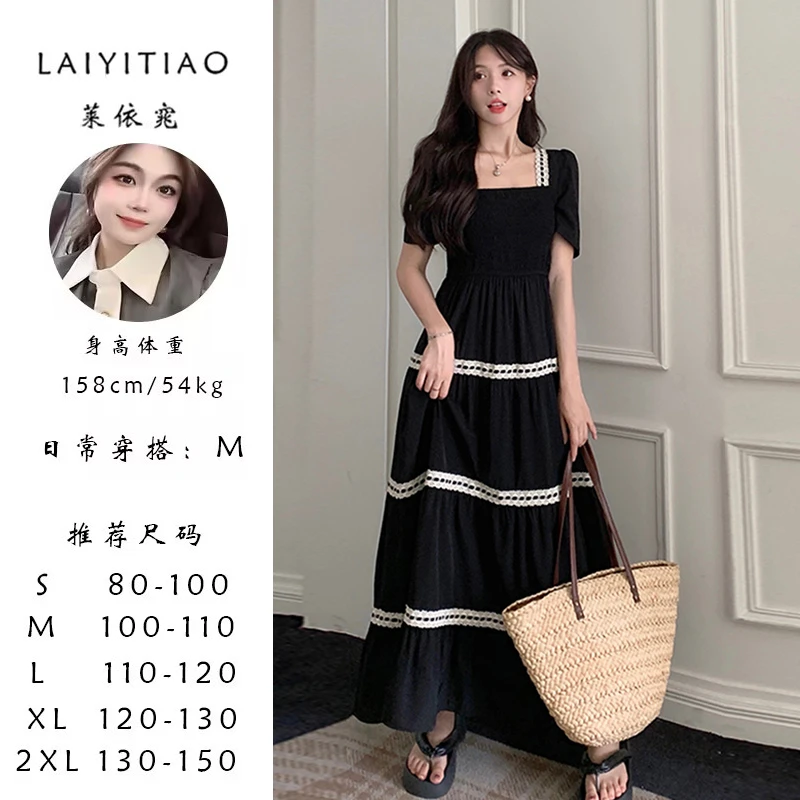 女装法式方领短袖黑色连衣裙2025新款胖mm裙子质感高级感长裙6852