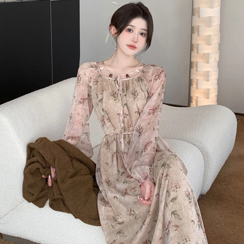 【聂姑娘】新中式国风松弛感碎花长袖连衣裙气质清冷温柔风长裙6643