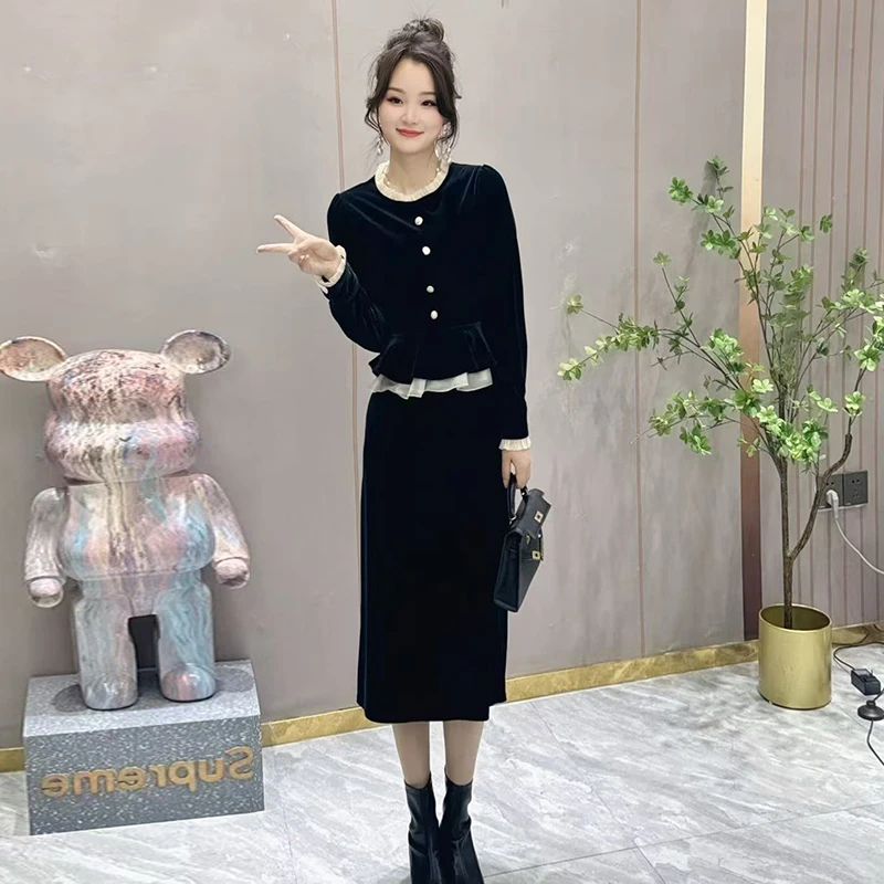 假两件整套连衣裙漂亮秋冬黑色女装拼接小黑长裙7725